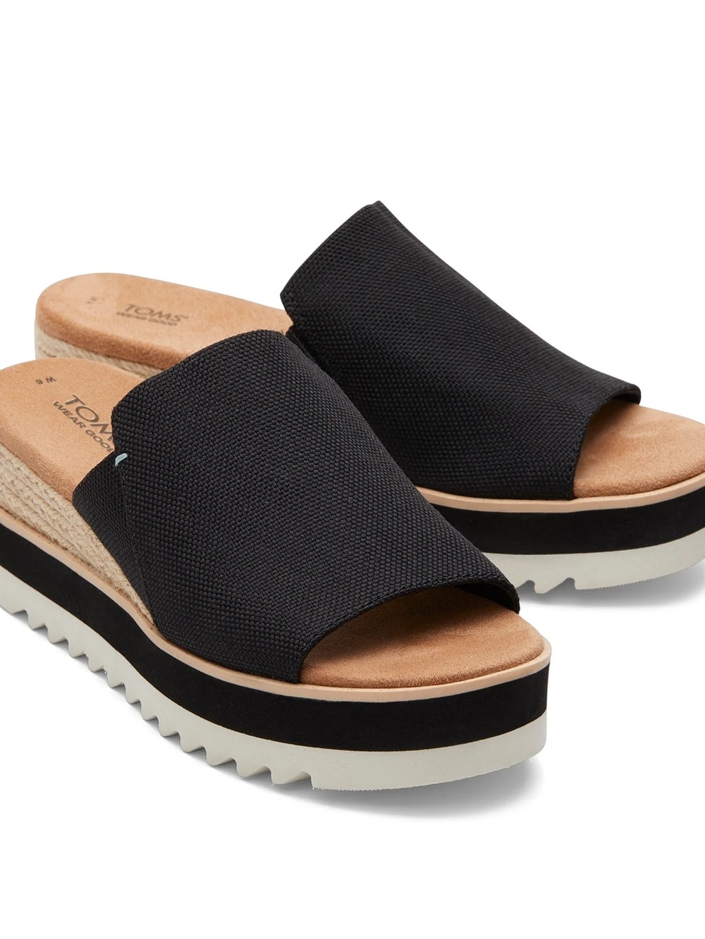 NIB TOMS Diane Mule Black Platform Wedge Slide Sandal with Tan Footbed
